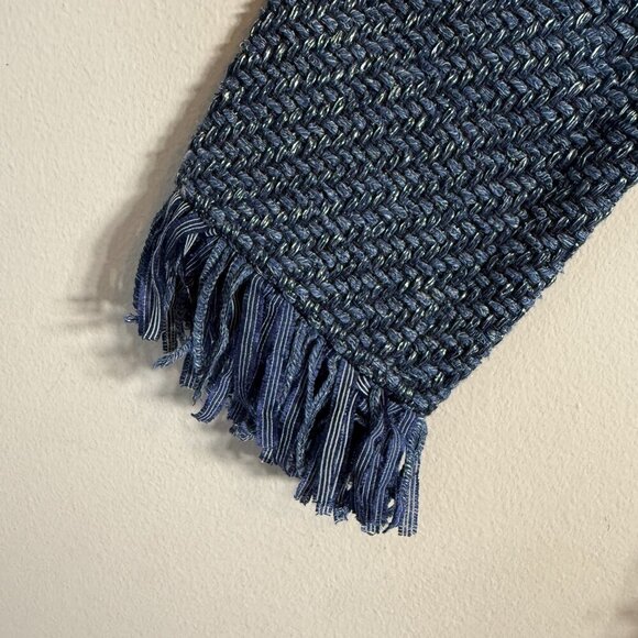 Maje Latino Fringed Sweater Pullover Womens 2 Medium Blue Tweed Coastal Designer - Picture 7 of 11
